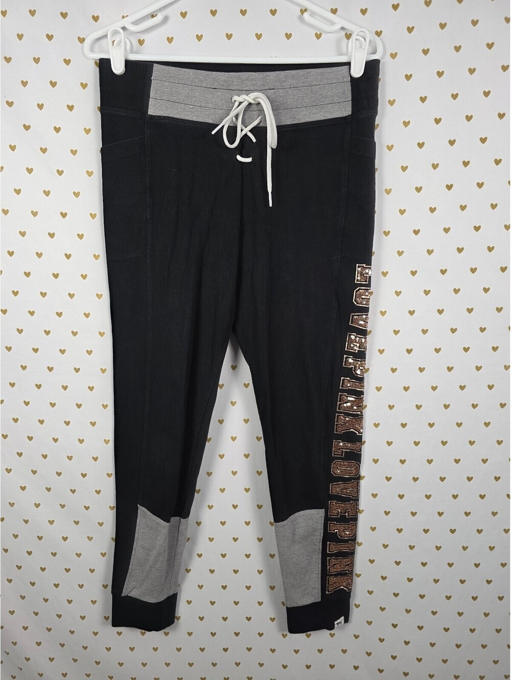 Victorias Secret PINK Gold Bling Yoga Pants Sequined Logo LARGE
